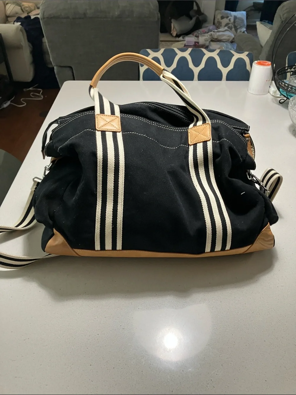 Pottery Barn Kids Black Canvas Baby Bag with Cream Striped Webbing